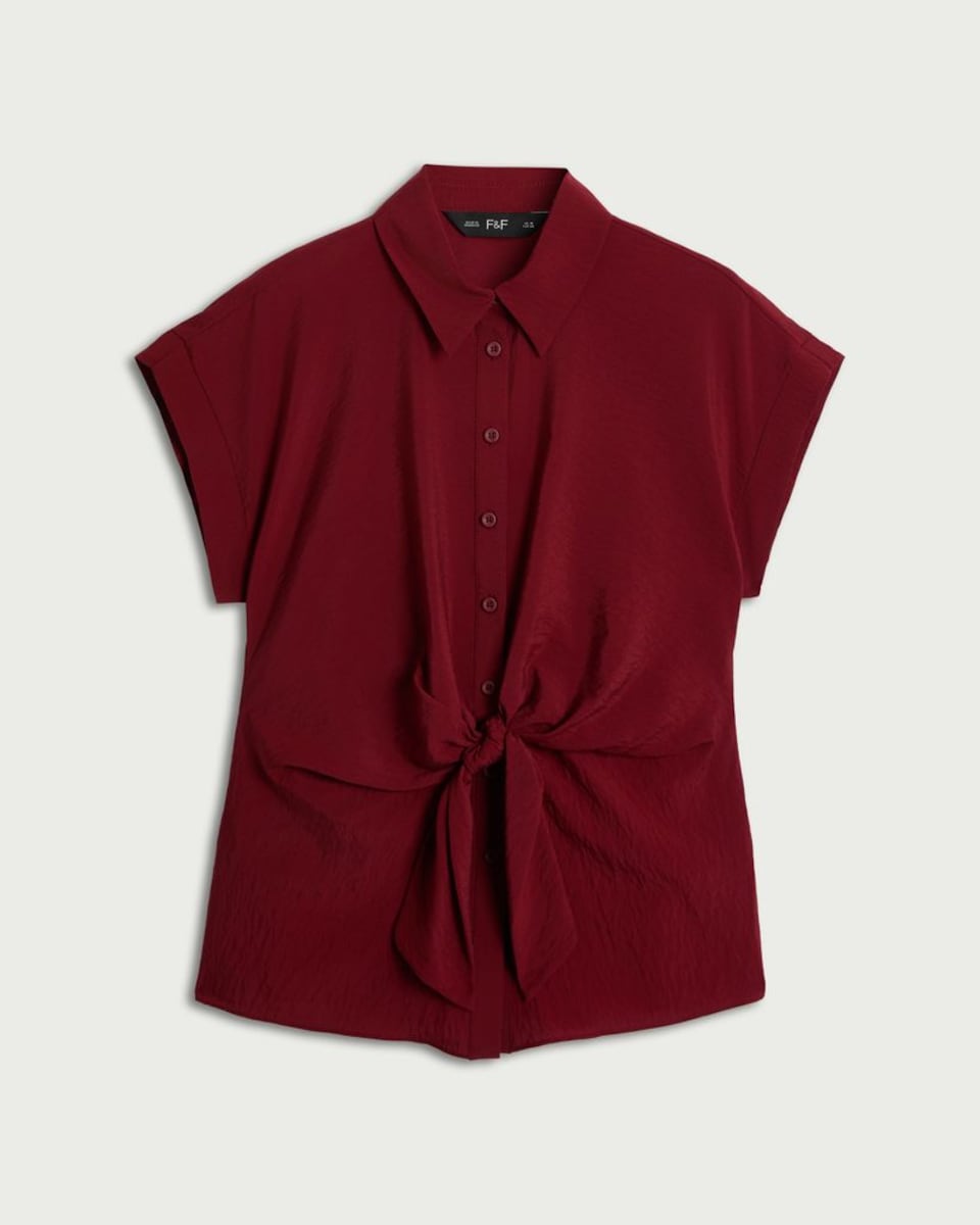 image 1 of F&F Tie Front Short Sleeved Shirt in Red
