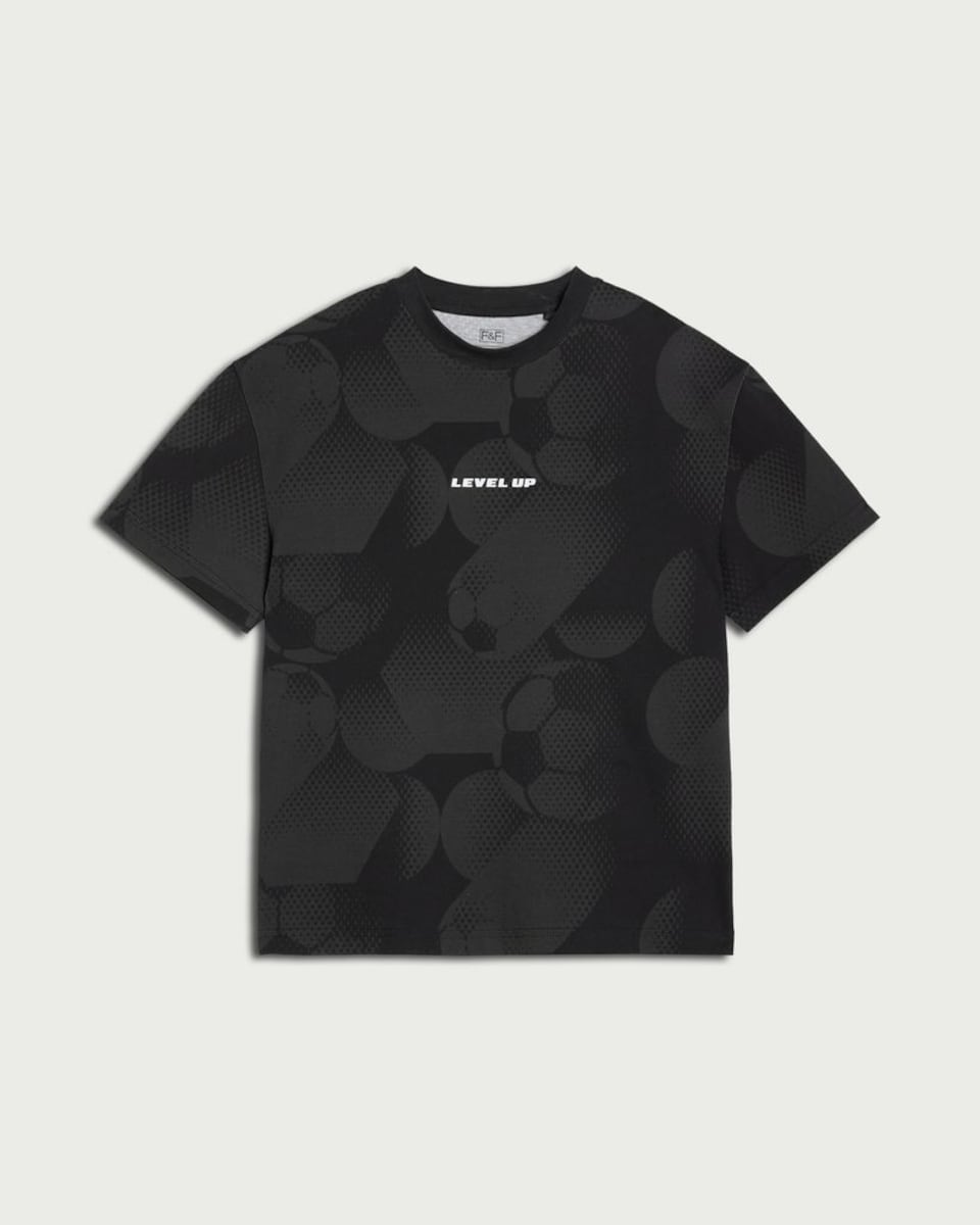 image 1 of F&F Boys Pure Cotton Level Up Football Print T-Shirt in Black
