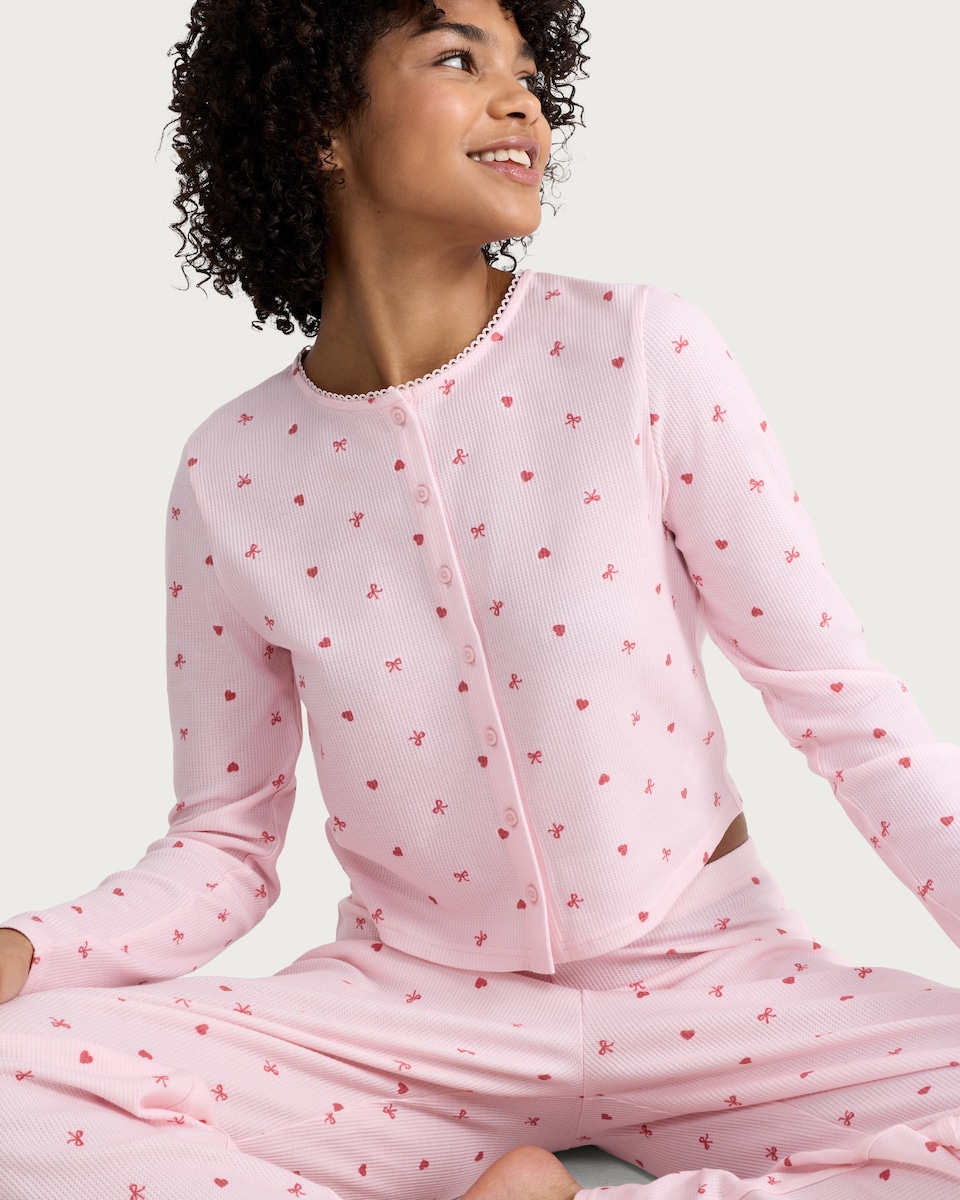 image 1 of OH ME OH MY Ribbed Heart Bow Print Pyjama Cardigan in Pink