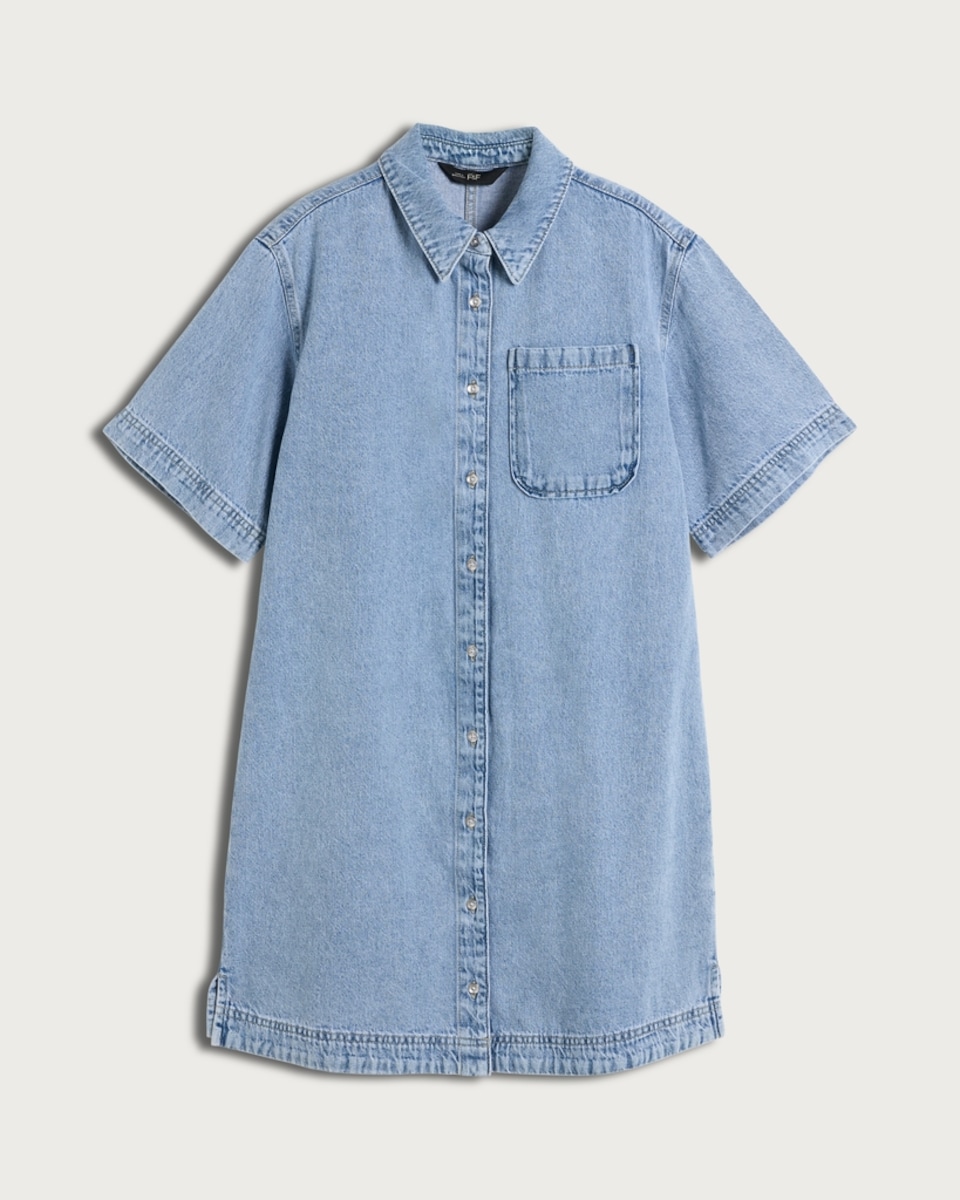 image 1 of F&F Pure Cotton Short Sleeved Button Up Shirt Dress in Blue