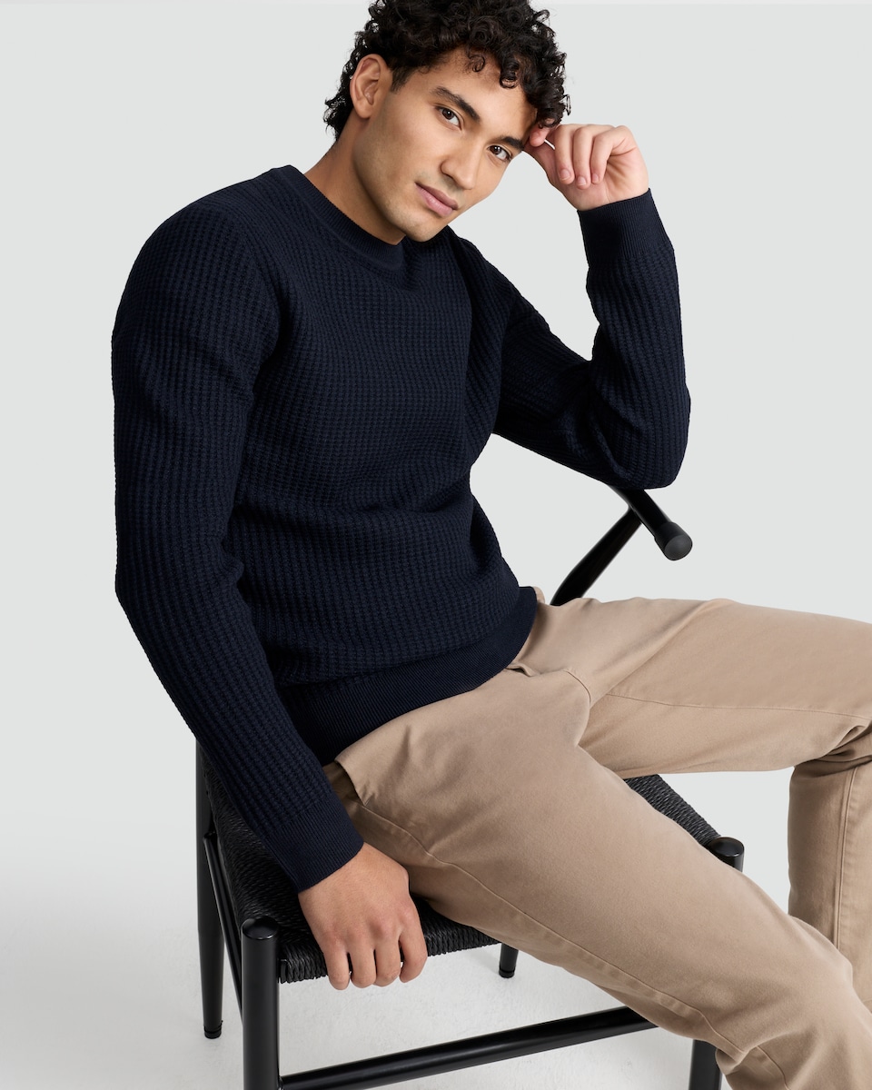 image 1 of F&F Waffle Knit Crew Neck Jumper with Wool in Navy