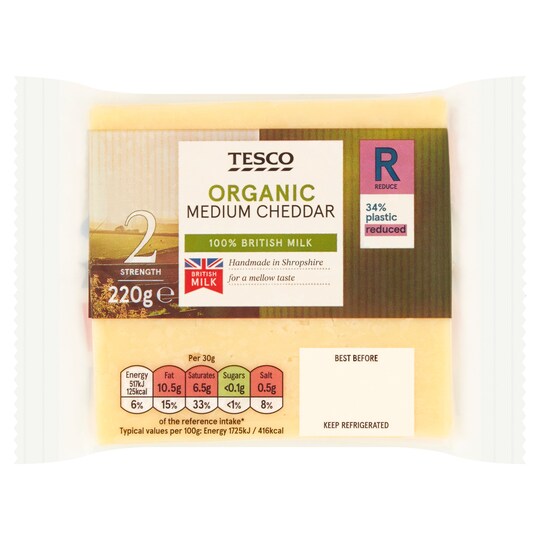 Tesco Organic Medium Cheddar Cheese 220G Tesco Groceries