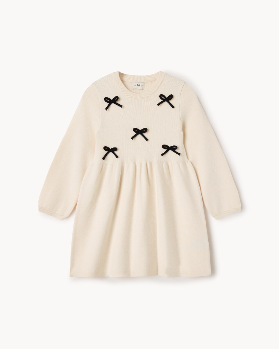 image 1 of F&F Girls Knitted Bow Dress in Gold