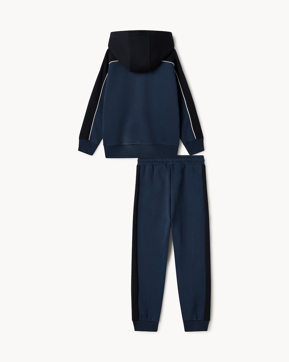 image 1 of F&F Boys Cotton Rich Colour Block Hoodie and Joggers Set in Navy