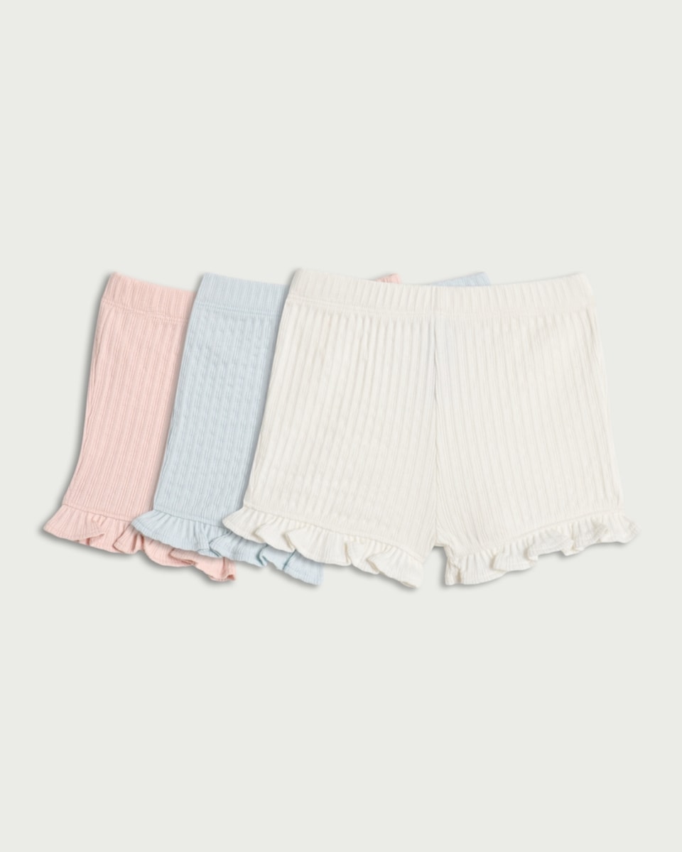 image 1 of F&F Baby 3-Pack Cotton Rich Ruffle Trim Shorts in Multi