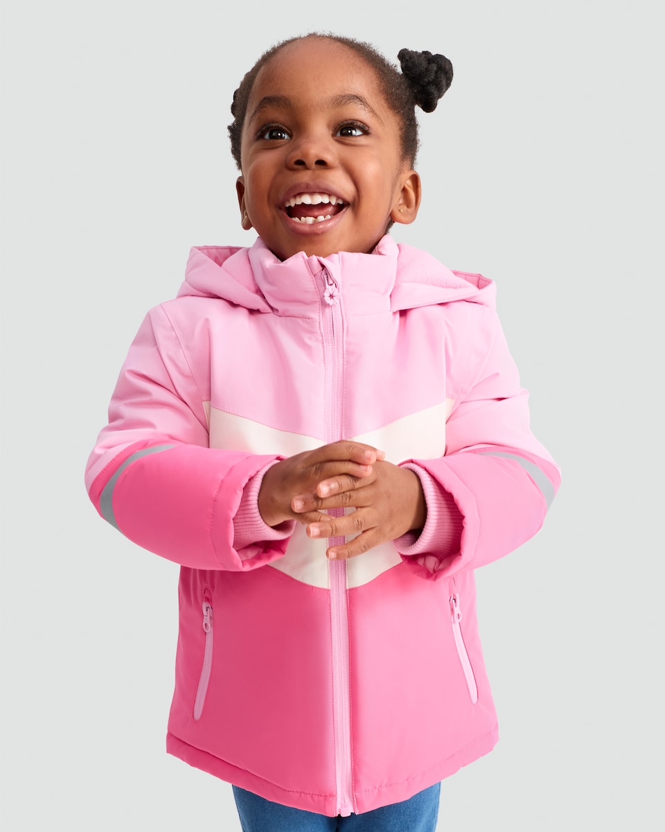 image 1 of F&F Girls Colour Block Waterproof Hooded Zip Up Jacket in Pink