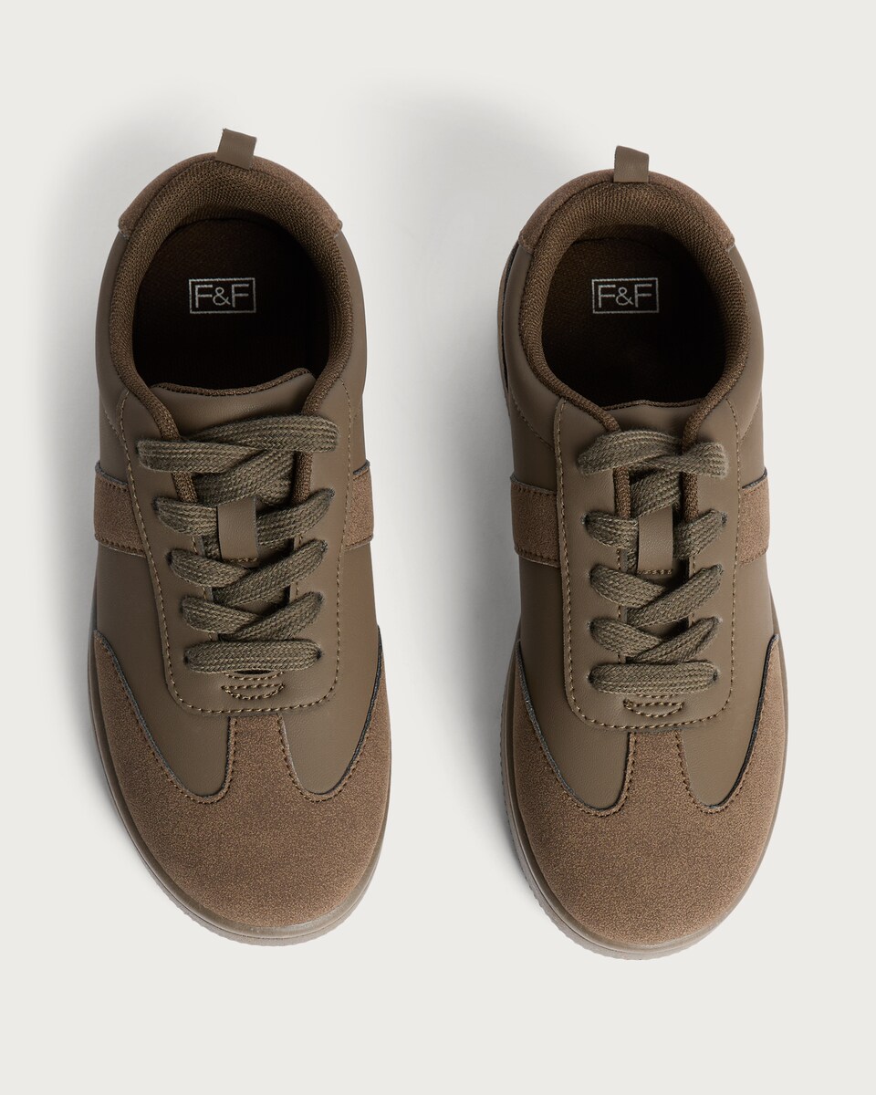 image 1 of F&F Boys Panelled Lace Up Trainers in Brown