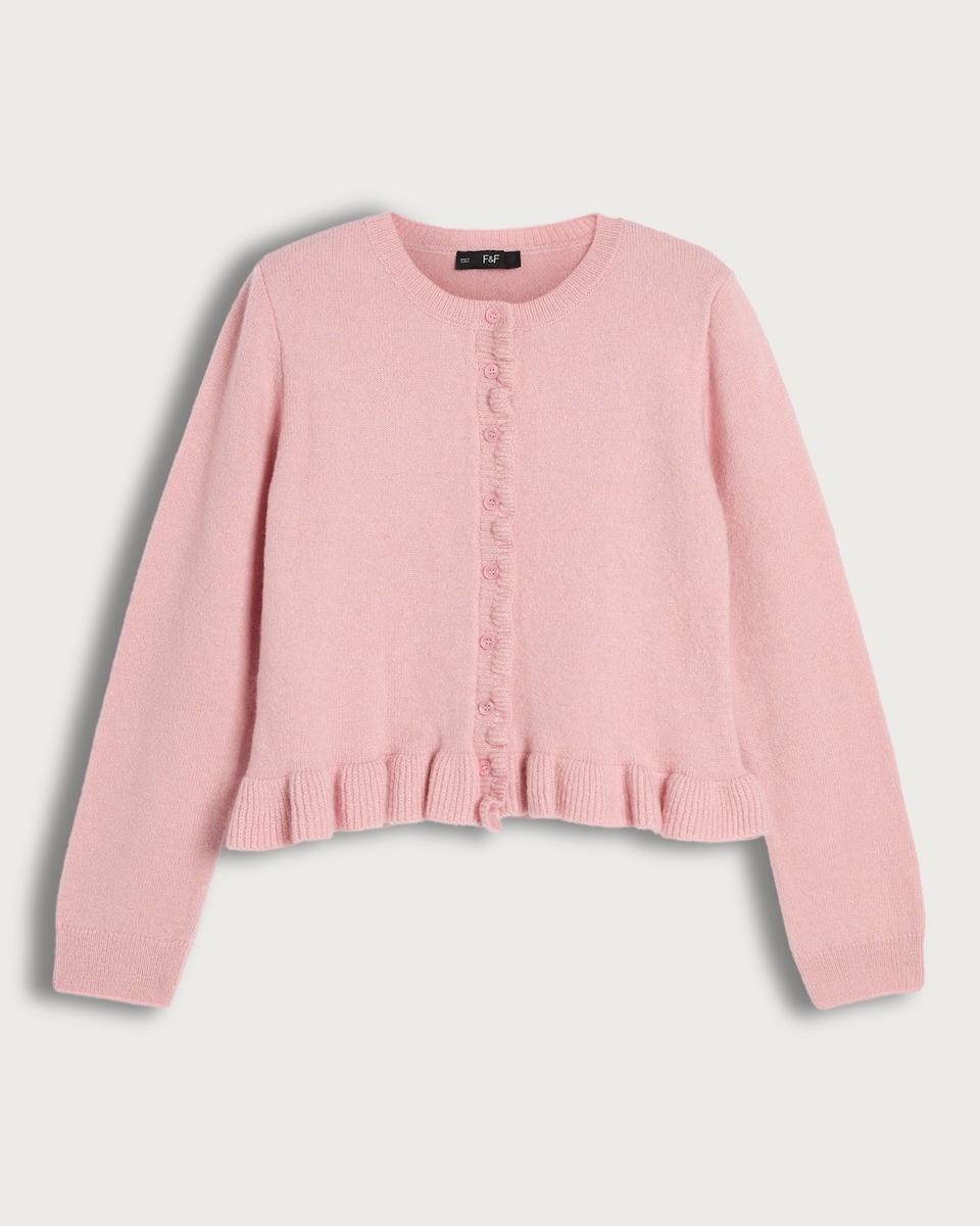 image 1 of F&F Frilly Button Up Cardigan with Wool in Pink
