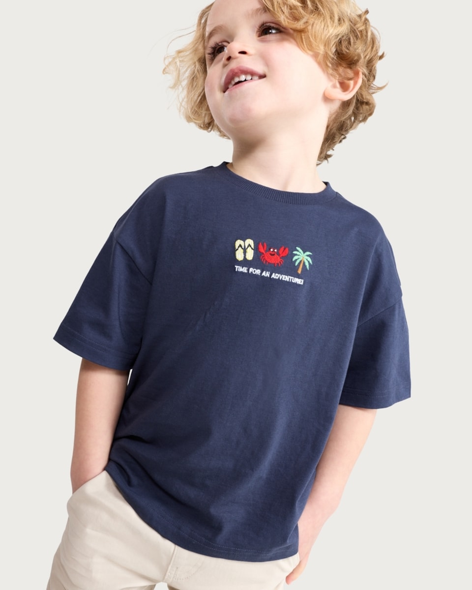 image 1 of F&F Boys Pure Cotton Time for an Adventure Embroidered T-Shirt in Navy