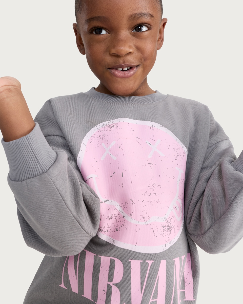 image 1 of Nirvana Cotton Rich Smiley Sweatshirt in Multi Grey