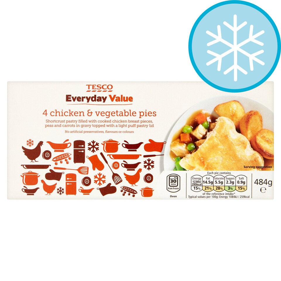 Tesco Everyday Value 4 Chicken Vegetable And Pies 484G