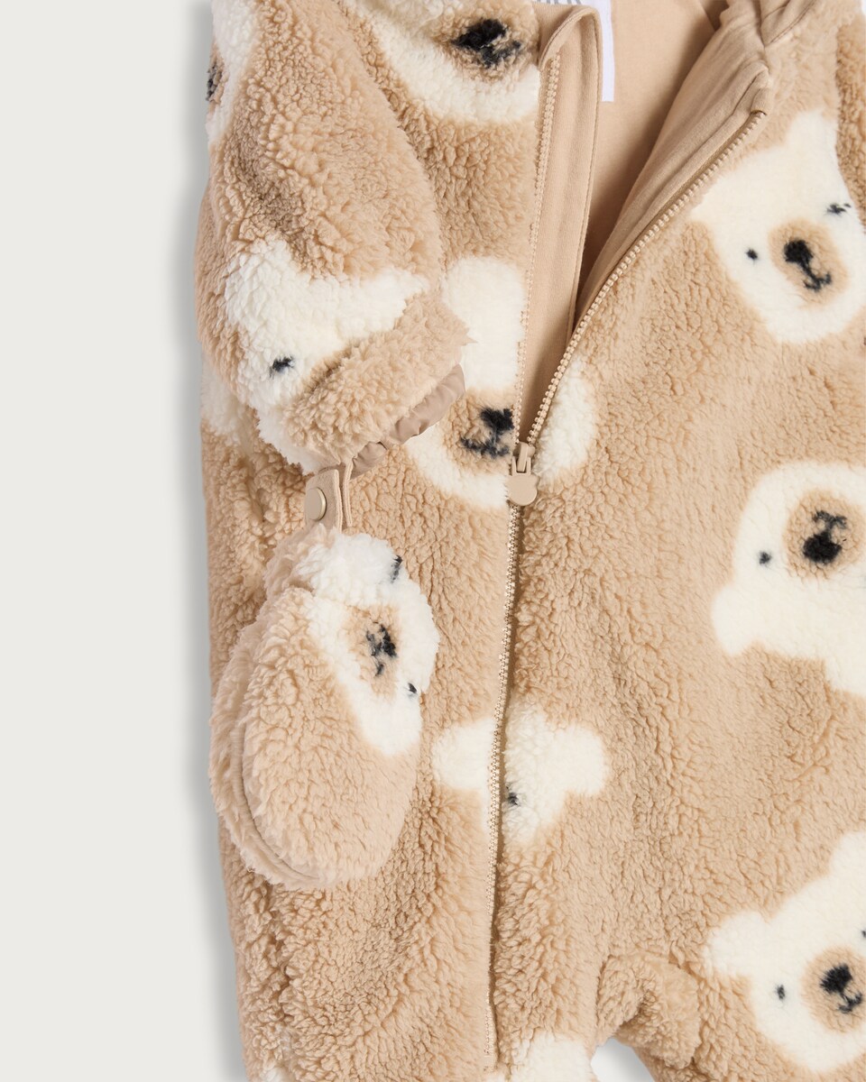 image 1 of F&F Baby Teddy Bear Print Pramsuit in Brown