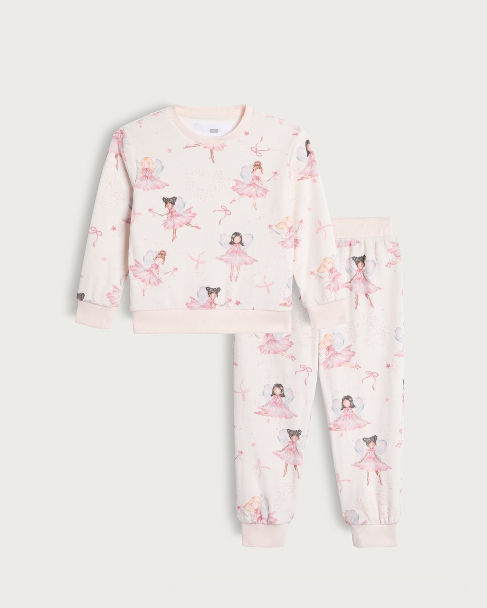 image 1 of F&F Girls Fleece Fairy Print Pyjama Set in Green