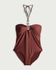 image 4 of F&F Halter Neck Embellished Bandeau Swimsuit in Chocolate