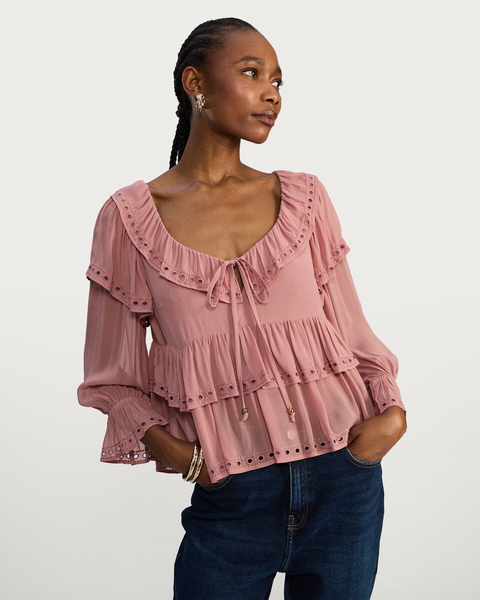 image 1 of F&F Ruffle Trim Detail Tie Neck Blouse in Pink