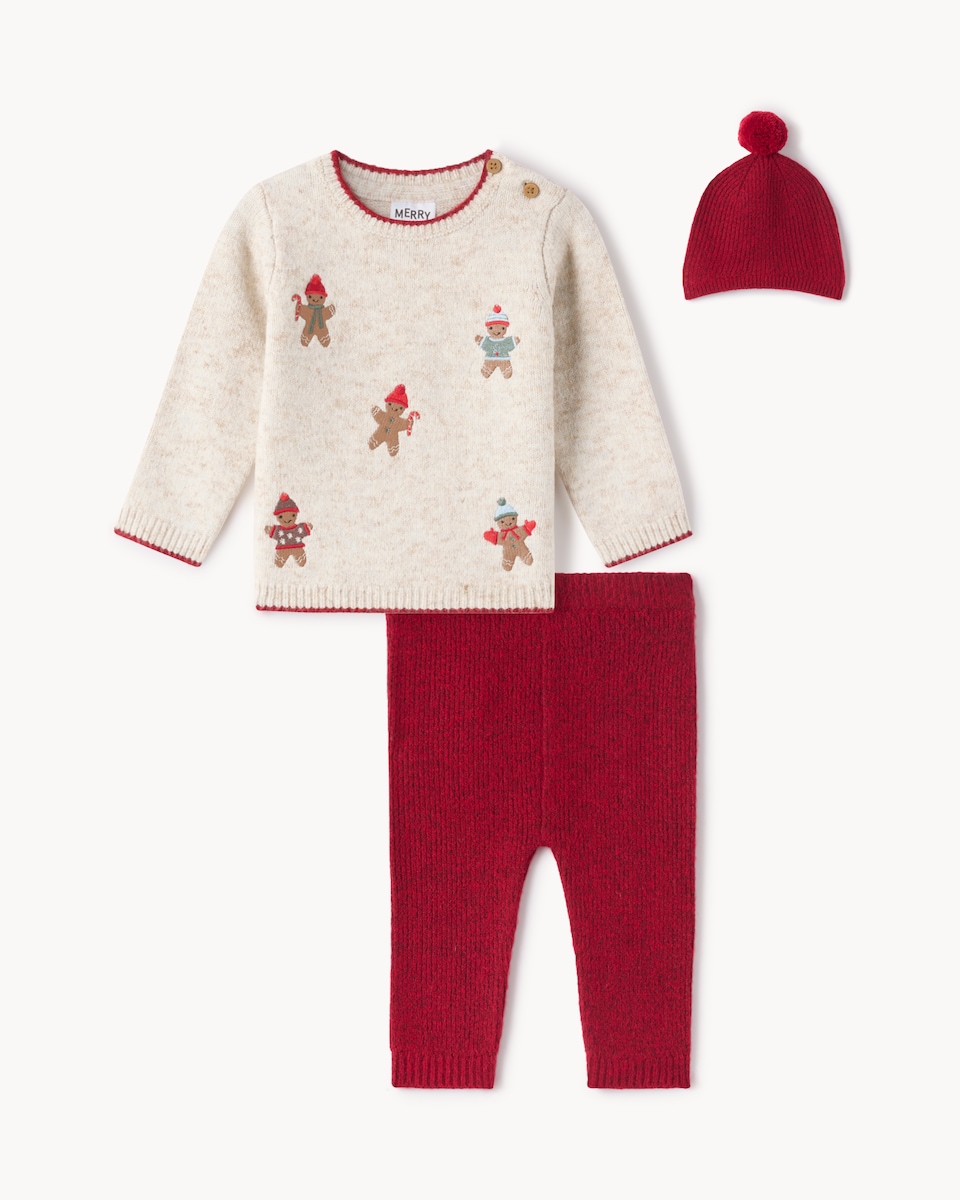 image 1 of Christmas Baby Gingerbread Jumper, Leggings and Hat Set in Cream