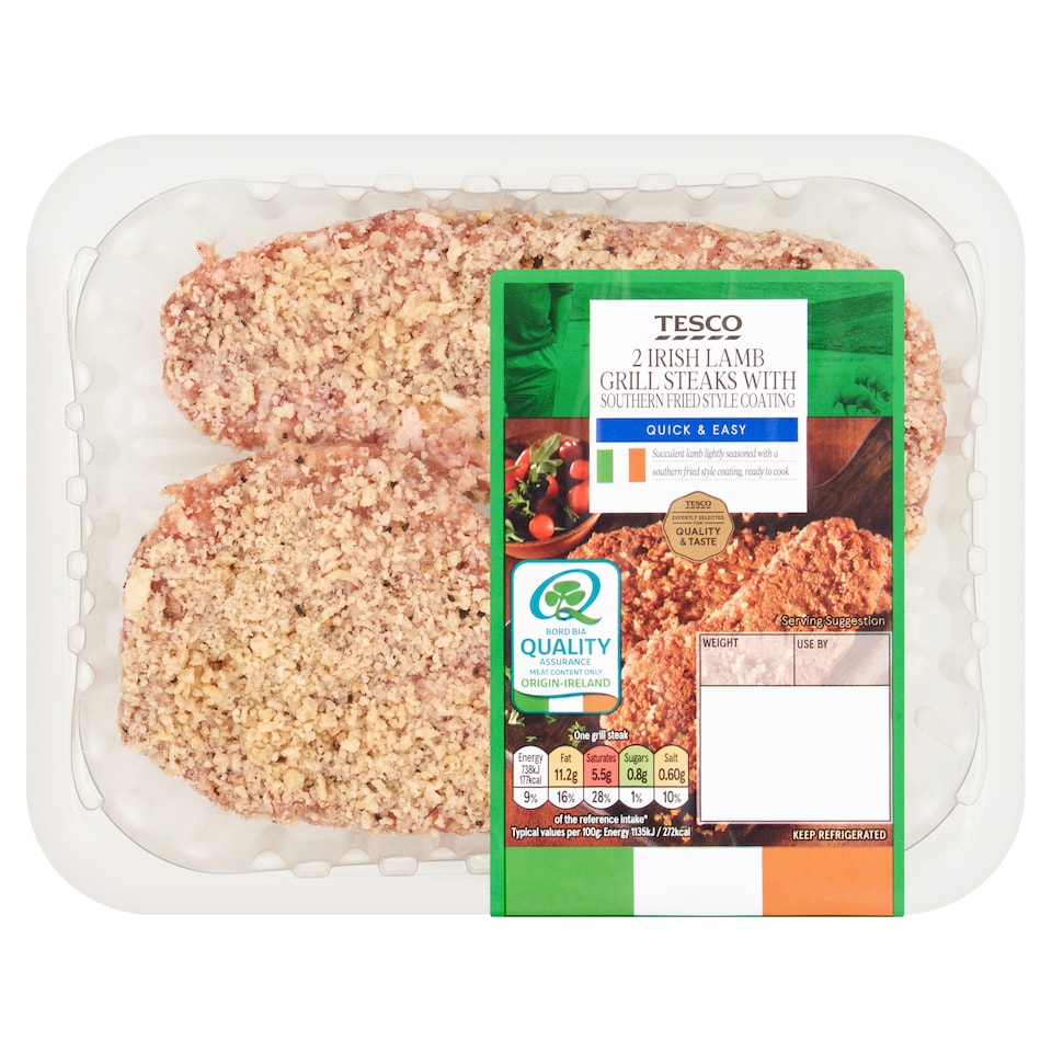 Tesco 2 Irish Lamb Grill Steaks with Southern Fried style coating 220g
