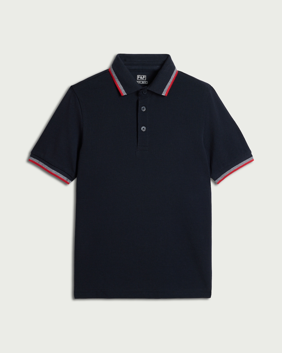 image 1 of F&F Boys Pure Cotton Tipped Polo Shirt in Navy