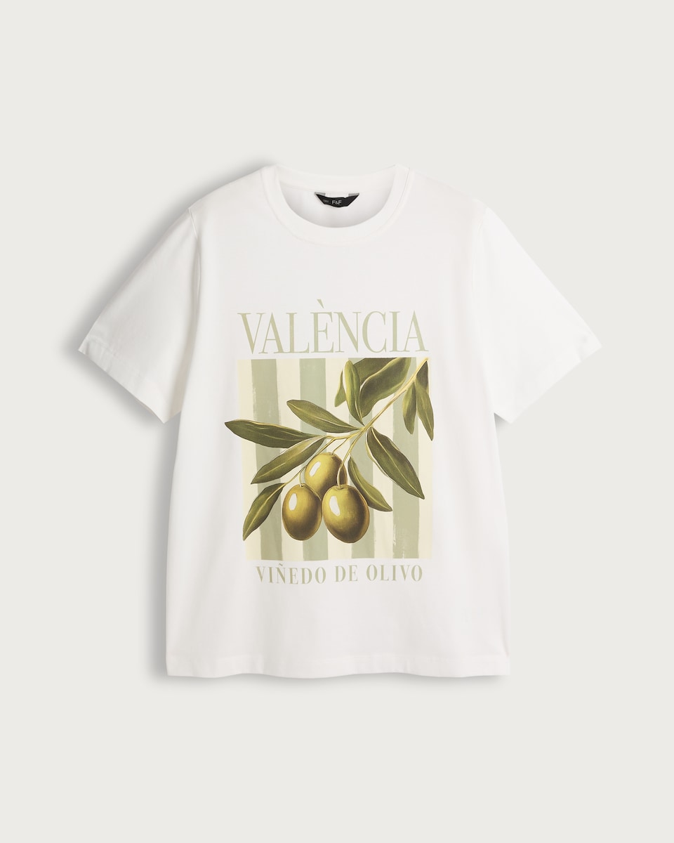 F&F Pure Cotton Olive Graphic T-Shirt in Cream