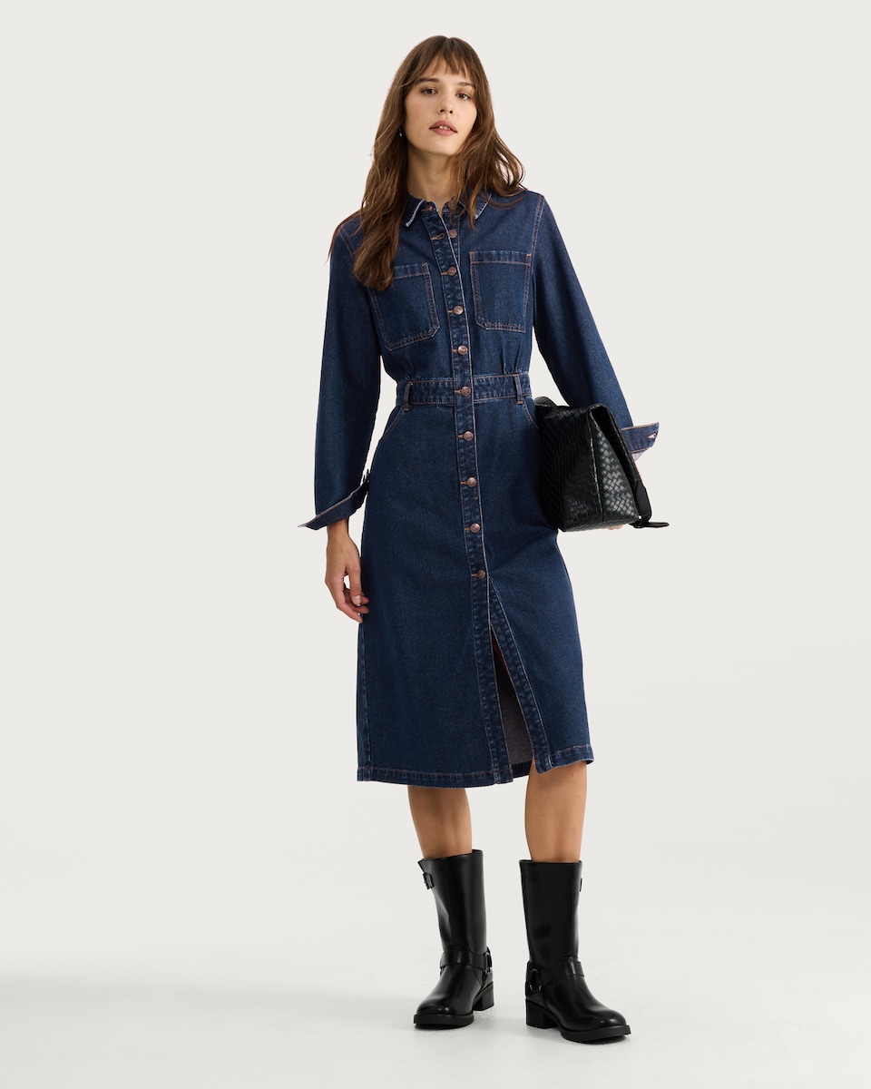image 1 of F&F Pure Cotton Denim Button Through Midi Dress in Blue