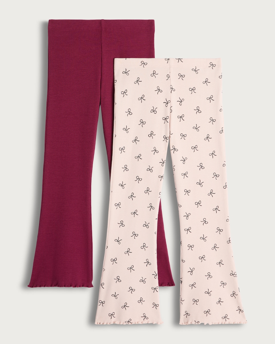 image 1 of F&F Girls 2-Pack Cotton Rich Bow Print Ribbed Flared Leggings in Burgundy