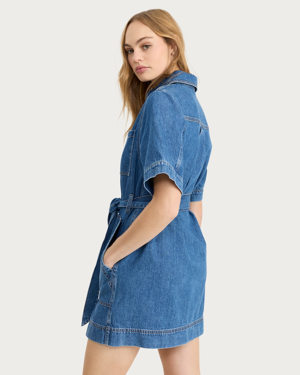 image 1 of F&F Pure Cotton Button Up Belted Mini Dress in Navy