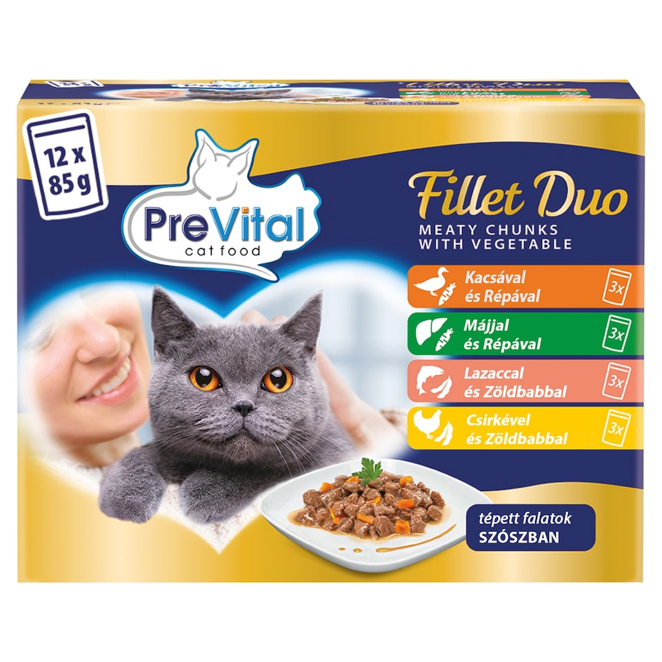 PreVital Fillet Duo nedves macskaeledel, macskatáp felnőtt macskáknak alutasakos 12 x 85 g  1. kép