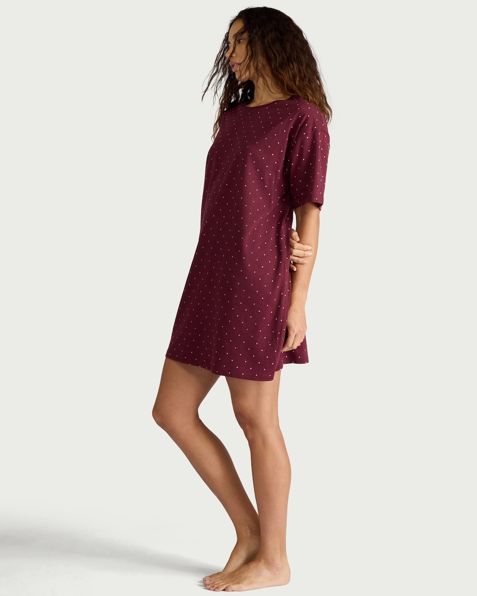 image 1 of F&F Pure Cotton Polka Dot Nightdress in Burgundy