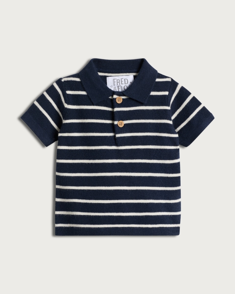 image 1 of F&F Baby Striped Knitted Short Sleeved Polo Shirt in Navy