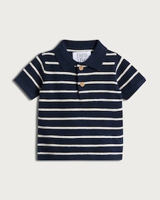 F&F Baby Striped Knitted Short Sleeved Polo Shirt in Navy