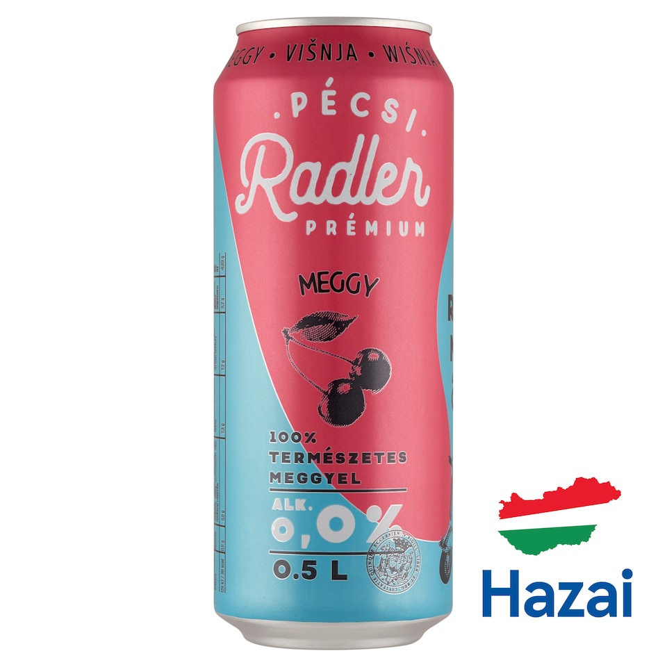 Pécsi Radler Prémium Meggy alkoholmentes világos sör és meggy ízű szénsavas üdítőital 0,0% 0,5 l  1. kép