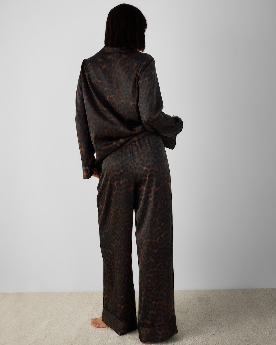 image 1 of F&F Satin Animal Print Revere Pyjama Set in Multi Brown