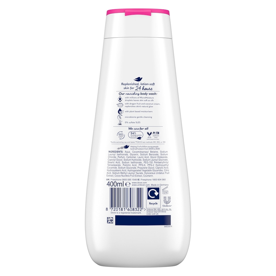 image 1 of Dove Advanced Care Replenishing Dragon Fruit & Coconut Cream Body Wash 400ml