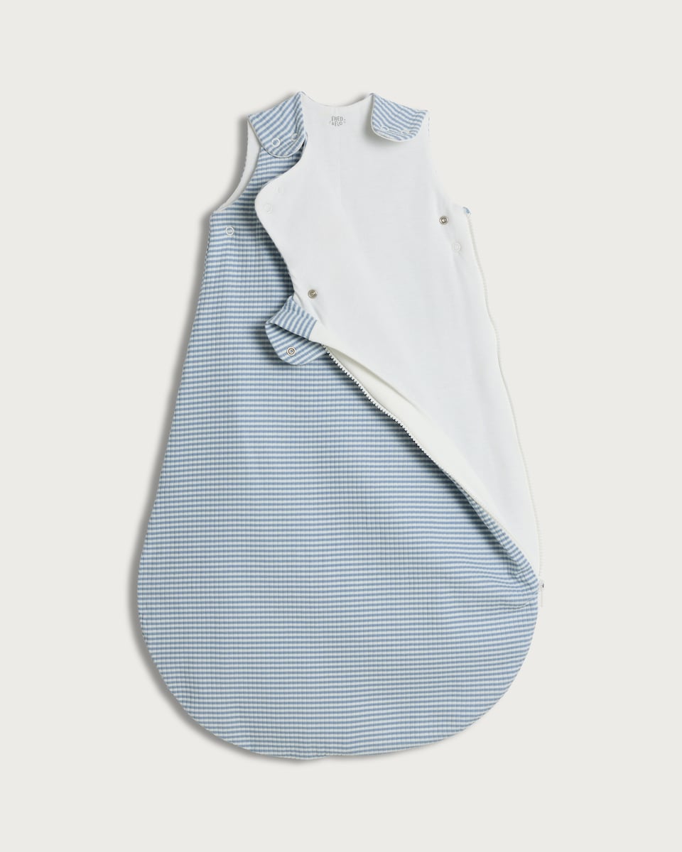 image 1 of F&F Baby Cotton Rich Stripe Print Animal Friends 1.5 Tog Sleeping Bag in Blue