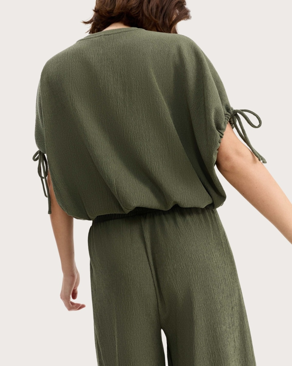image 1 of F&F Textured Ruched Sleeve Balloon Hem Top in Khaki