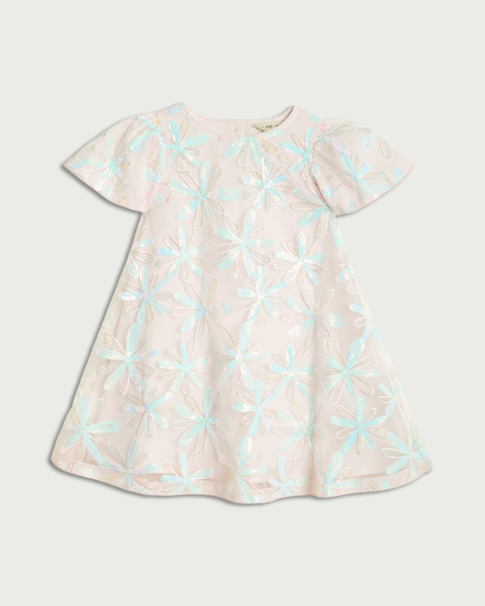 image 1 of F&F Girls Floral Embroidered Short Sleeved Dress in Multi