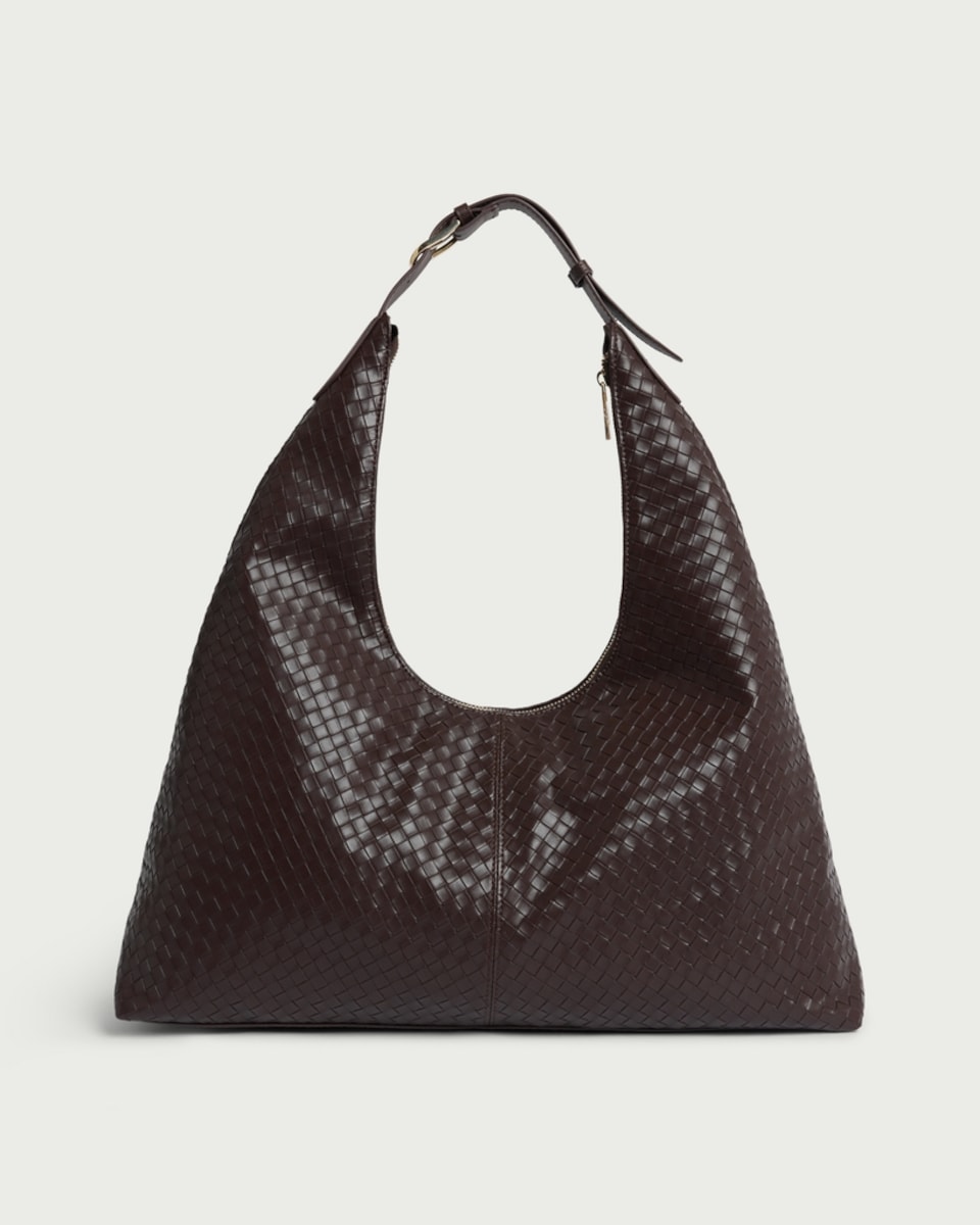 image 1 of SACHA Faux Leather Woven Shoulder Bag in Brown