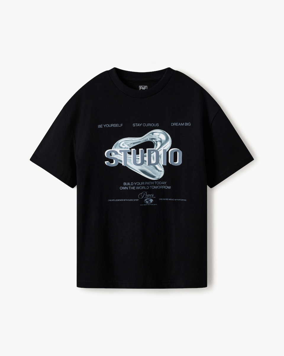 image 1 of F&F Boys Pure Cotton Slogan T-Shirt in Black