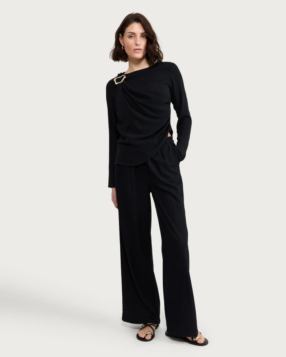 image 1 of F&F Linen Rich Wide Leg Drawstring Trousers in Black