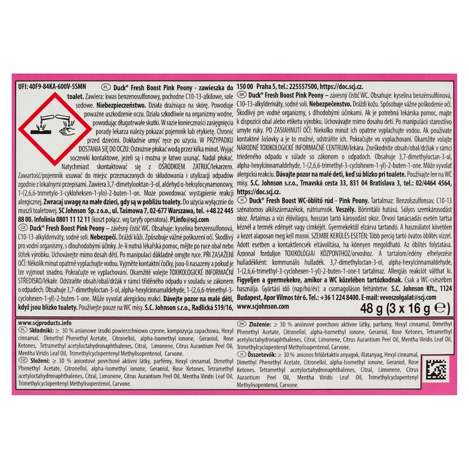image 1 of Duck Fresh Boost Pink Peony Toilet Rim Block 3 x 16g (48g)