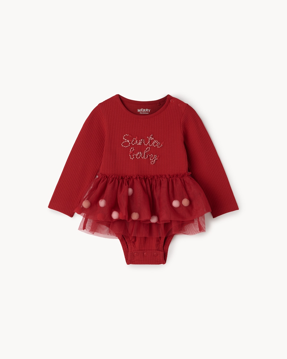 image 1 of Christmas Baby Cotton Rich Santa Tulle Bodysuit in Red