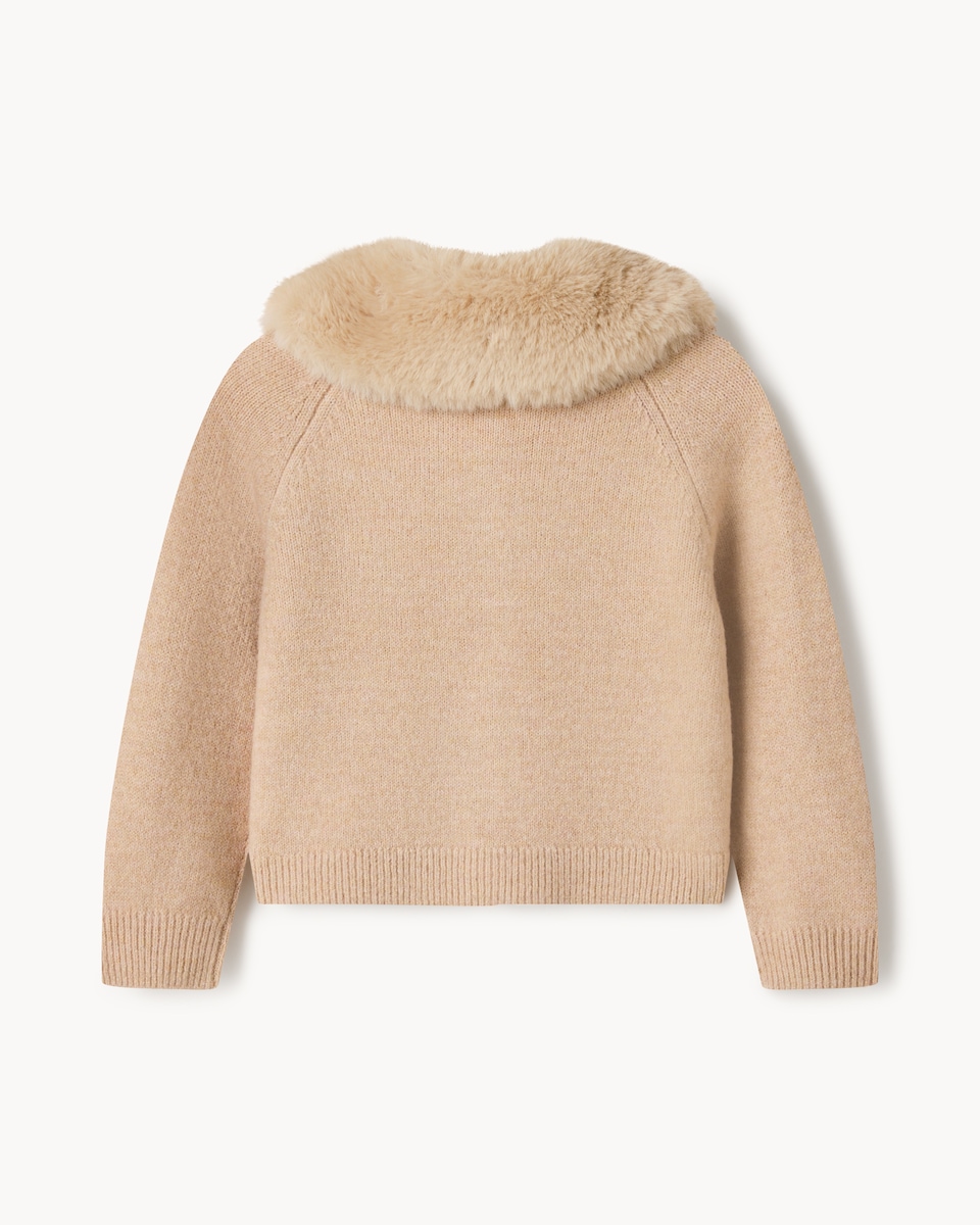 image 1 of F&F Girls Faux Fur Collared Cardigan in Tan