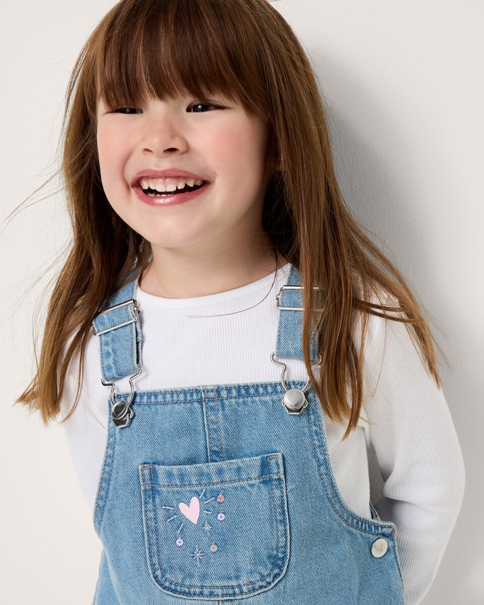 image 1 of F&F Girls Cotton Rich Denim Unicorn Pinafore and Top Set in Blue