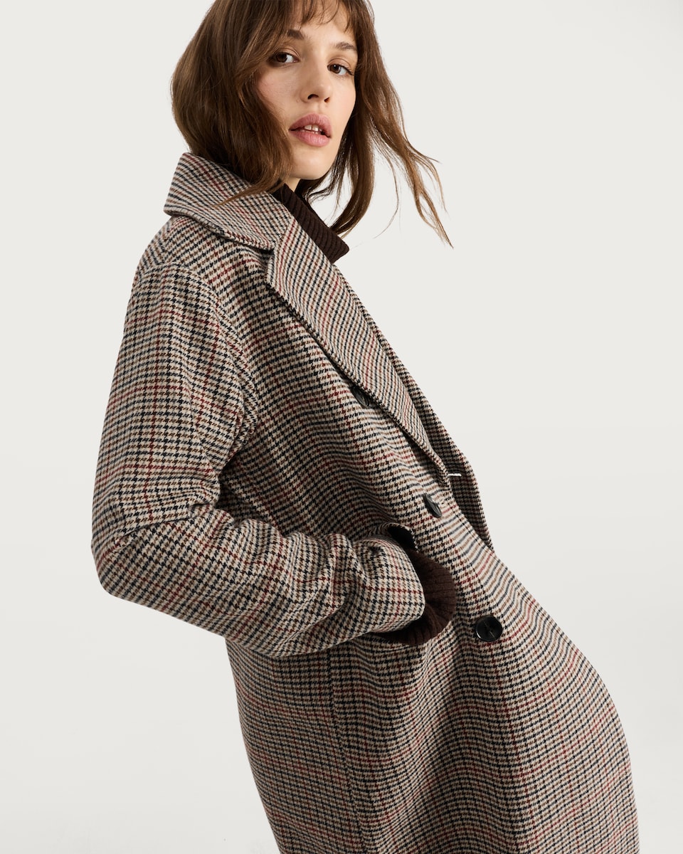 image 1 of F&F Double Breasted Houndstooth Print Coat with Wool in Multi Brown