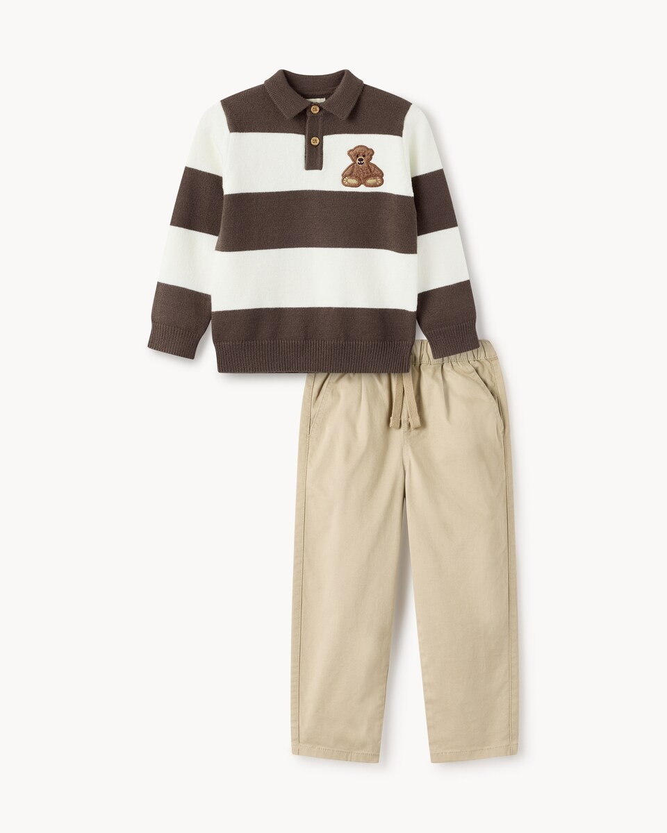 image 1 of F&F Boys Striped Jumper and Trousers Set in Multi Brown