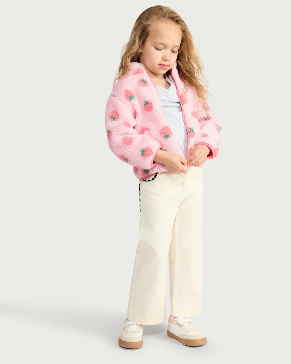 image 1 of F&F Girls Fleece Strawberry Print Jacket in Pink