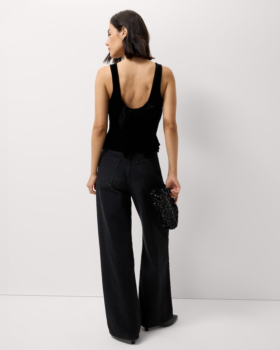 image 1 of F&F Velvet Square Neck Bow Top in Black