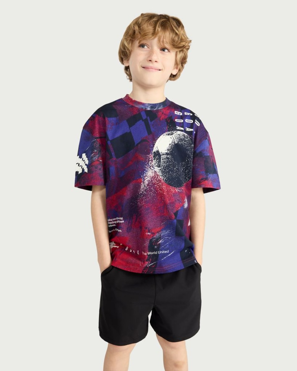 image 1 of F&F Boys Pure Cotton Football Print T-Shirt in Navy