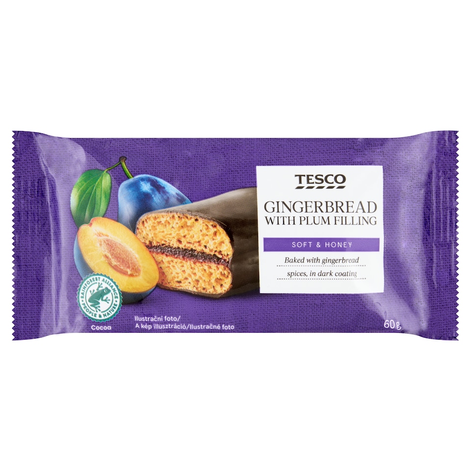 Tesco mézes puszedli szilvás töltelékkel, sötét színű bevonómasszában 60 g