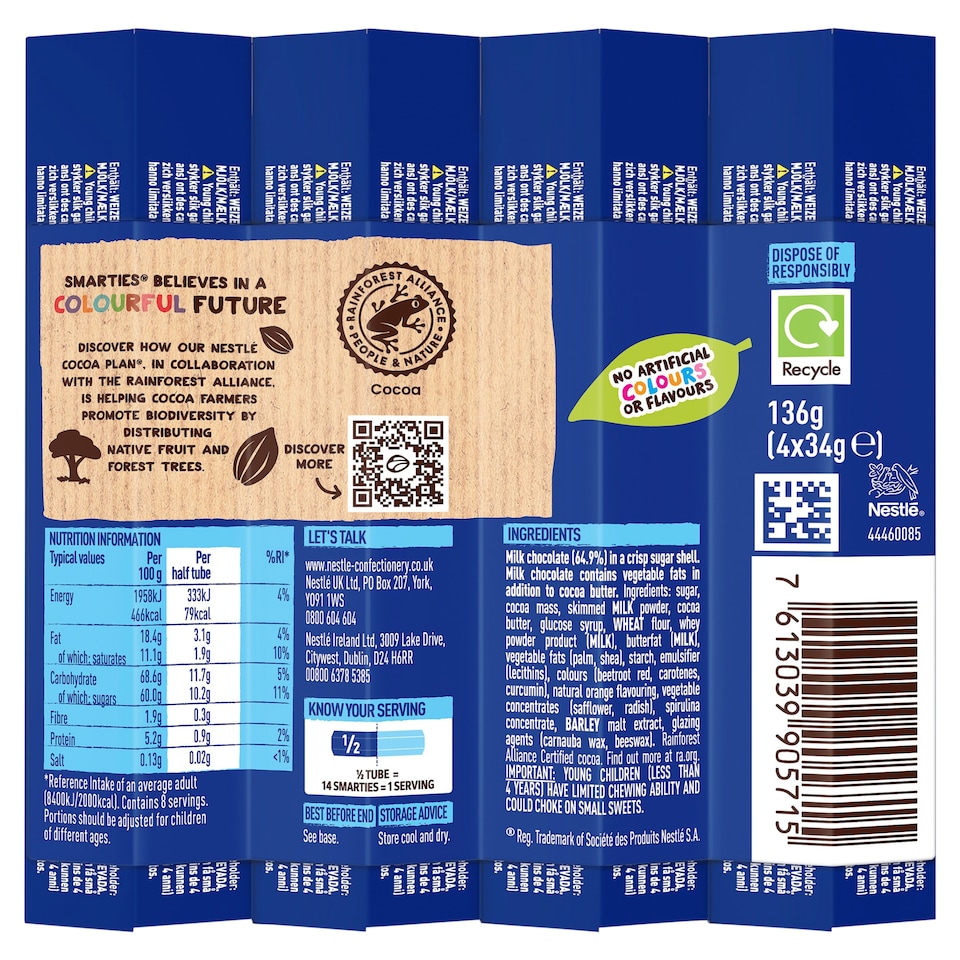 image 1 of Smarties Milk Chocolate Tube Multipack 34g 4 Pack